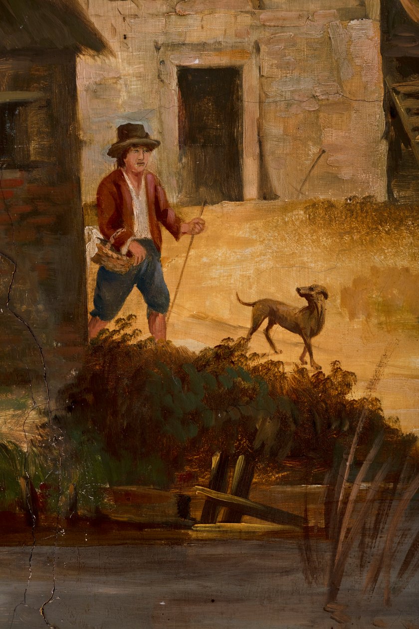 Hátul a második hátsó szoba, tárgyaló, falfestmények klasszikus stílusú vidéki jelenetekkel, valószínűleg 1810 körül, 3. jelenet alkotó: Belgian School