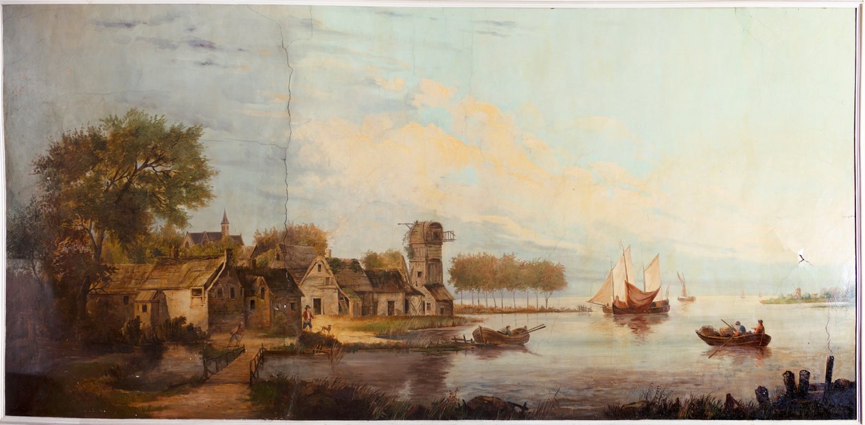 Hátul a második hátsó szoba, tárgyaló, falfestmények klasszikus stílusú vidéki jelenetekkel, valószínűleg 1810 körül, 3. jelenet alkotó: Belgian School