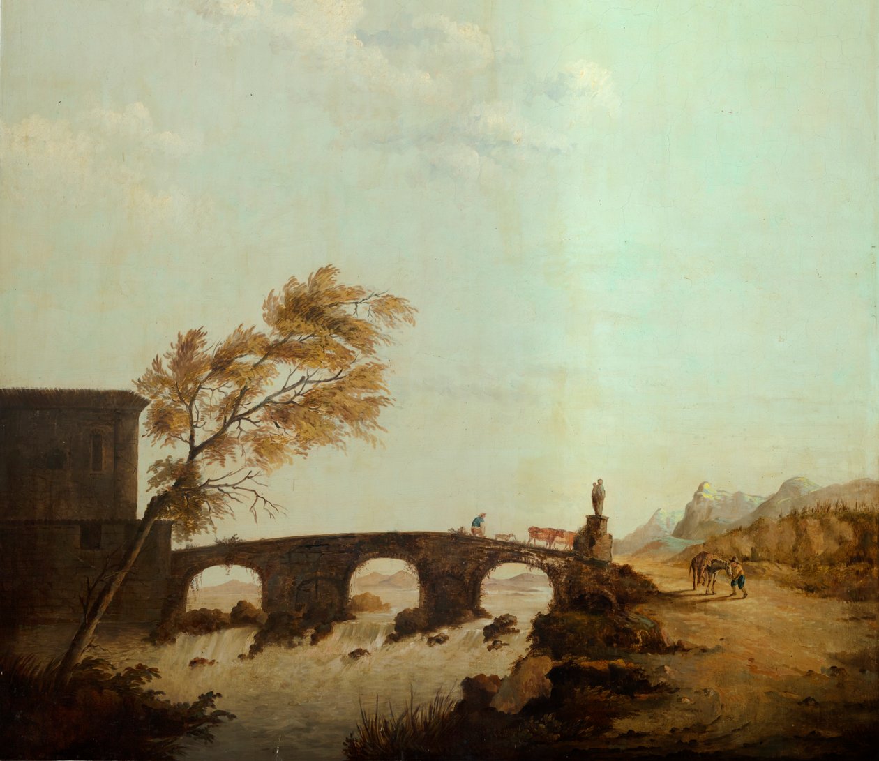 Hátul a második hátsó szoba, tárgyaló, falfestmények klasszikus stílusú vidéki jelenetekkel, valószínűleg 1810 körül, 1. jelenet alkotó: Belgian School