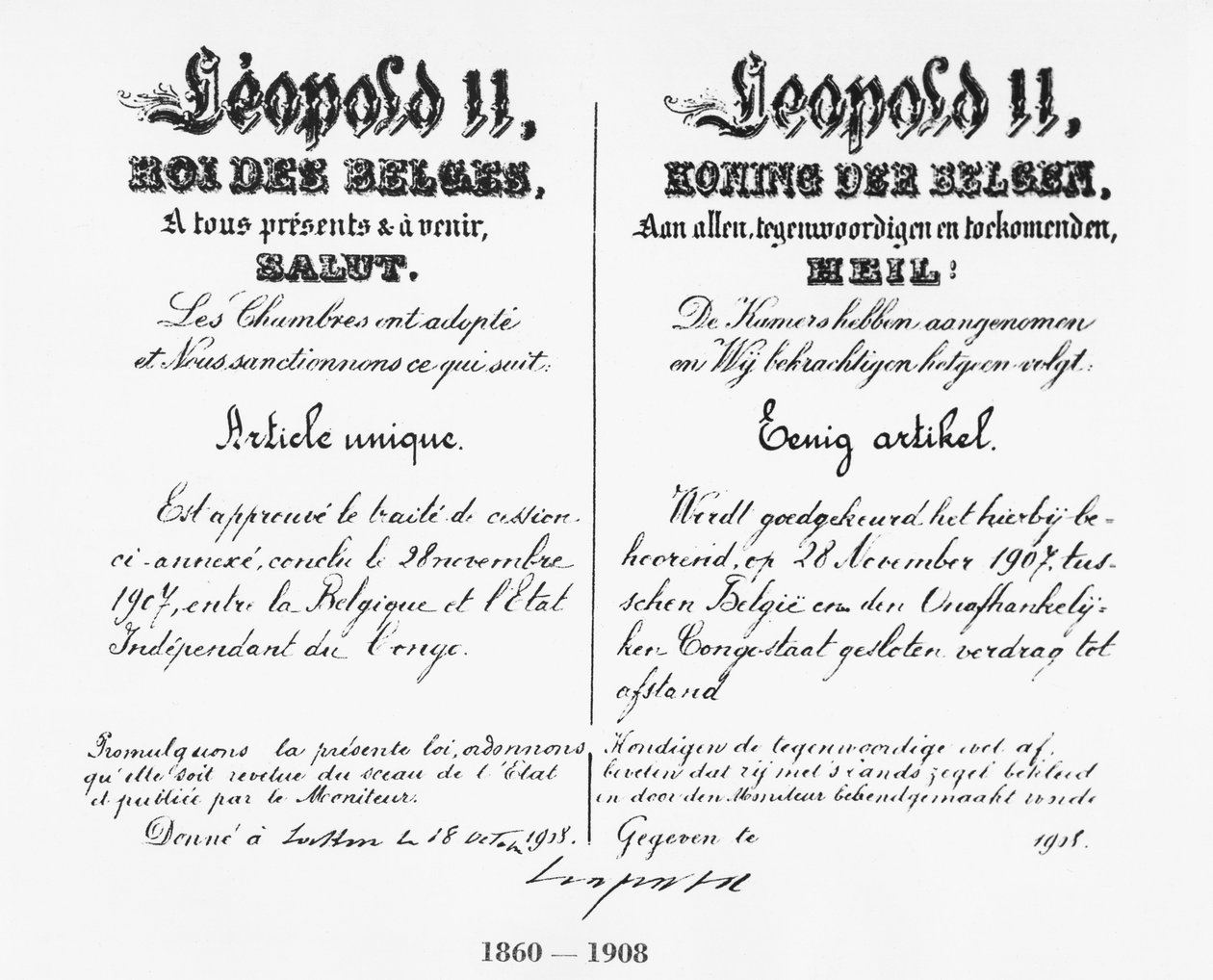 II. Lipót király (1835-1909) aláírása, amely jóváhagyta Kongó Belgiumhoz csatolását, 1908 alkotó: Belgian School