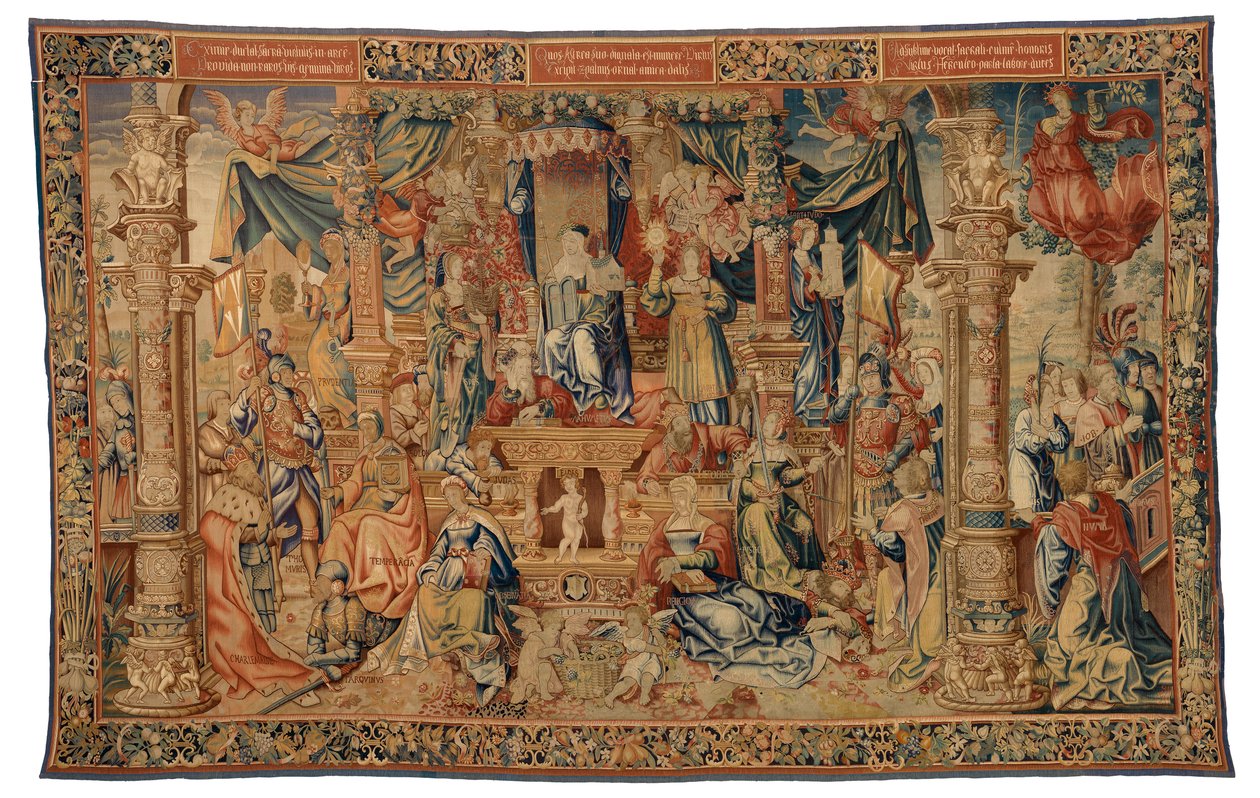 Gobelin, Faith Welcoming the Heroes of Antikvitás, Brüsszelben, Belgiumban készült alkotó: Belgian School