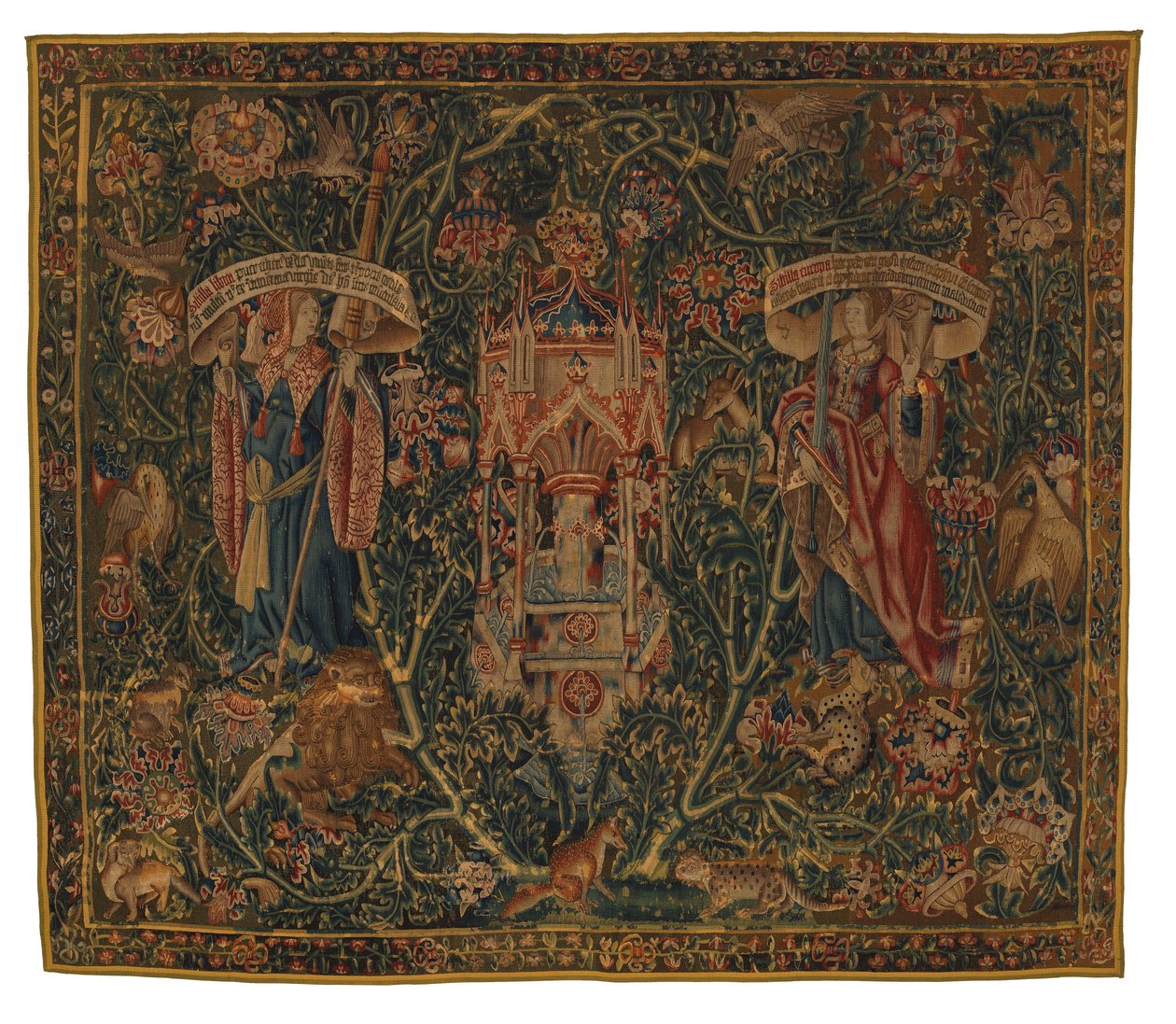 Gobelin, Sibylla Libya és Europa (egye a hat szibilla készletének, 46.134-46.139-ből), az úgynevezett „Rothamsted Tapestries”, készült Flandriában, Tournaiban vagy Brüsszelben, Belgiumban, 1530 körül (gyapjú) alkotó: Belgian School