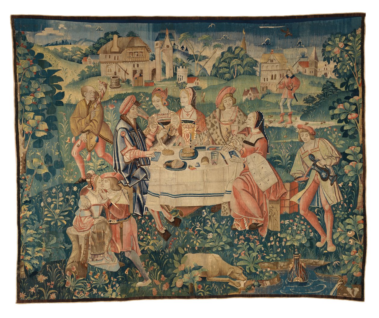 A szabad ég alatti lakomát vagy egy szabadtéri étkezést a szerelem kertjében ábrázoló kárpit Tournaiból, 1510 körül (gyapjú és selyem) alkotó: Belgian School