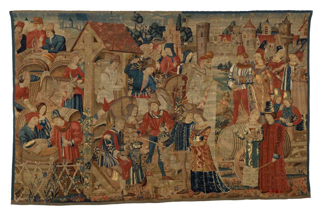 Szüretelőket ábrázoló gobelin Tournaiból, 1460-70 körül (gyapjú) alkotó: Belgian School