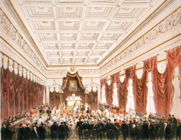 Maximilian Habsburg-Lotaringiai (1832-67) osztrák főherceg és Charlotte Saxe-Cobourg-Gotha (1840-1927) belga hercegnő házassága a Chateau de Bruxelles-ben 1857. július 21-én (színes litó) alkotó: Belgian School