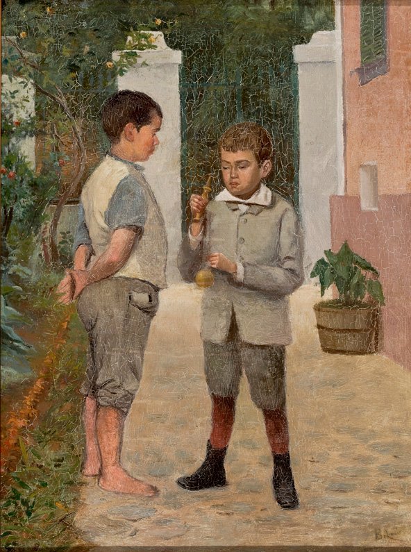 Két fiú játszik Kendama Toy -val Angol: Two Boys Playing Bilboquen alkotó: Belmiro de Almeida
