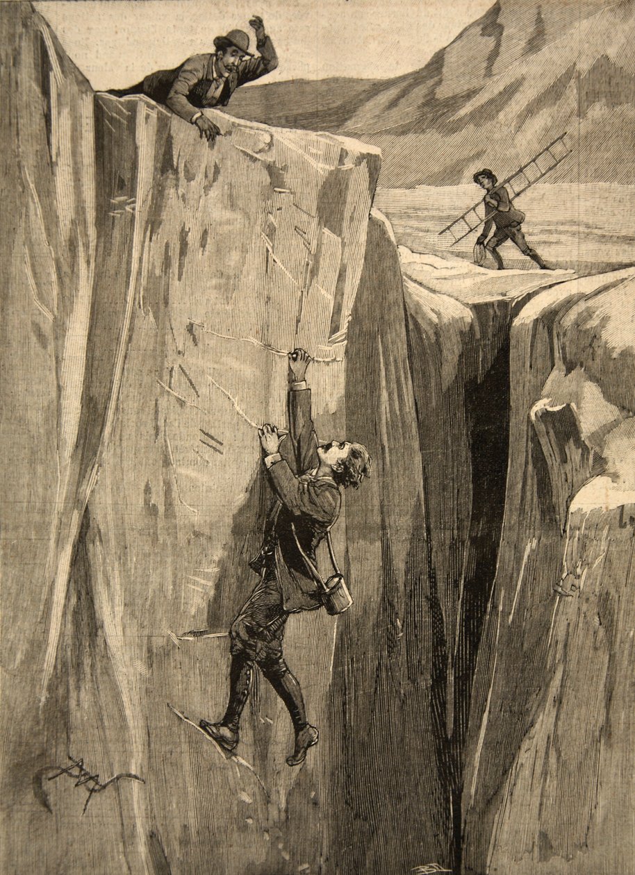 Egy turista, aki egy hasadékban lóg az Alpokban, a Le Petit Parisienből, 1891. augusztus 23. alkotó: Beltrand and Clair Guyot, E. Dete