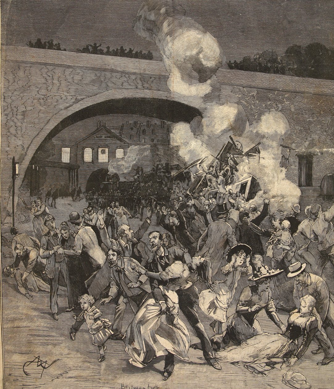 A Saint-Mande-i vonatütközés, a Le Petit Parisienből, 1891. augusztus 2. alkotó: Beltrand and Clair Guyot, E. Dete