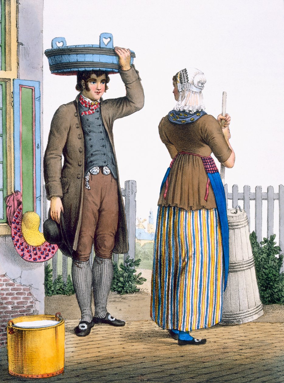 A parmerendi parasztpár, Észak-Hollandia, illusztráció a "Hollandia Királyság északi tartományainak viseletgyűjteményéből...", 1828 alkotó: Bendrik Greeven
