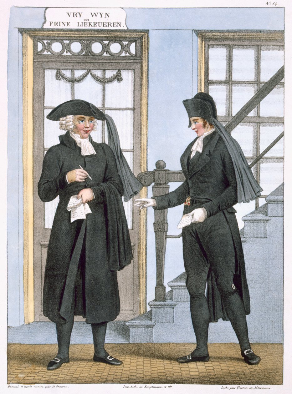 Amszterdami temetési tisztviselők, illusztráció a "Collections des Costumes des Provinces Septentrionales du Royaume des Pays Bas..."-ból, metszet: Villeneuve, 1828. alkotó: Bendrik Greeven