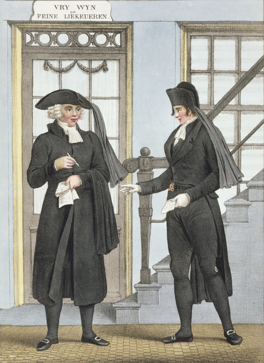 Amszterdam temetkezési tisztviselői, illusztráció a „Hollandia Királyság északi tartományainak jelmezgyűjteményéből...”, Villeneuve, 1828. alkotó: Bendrik Greeven