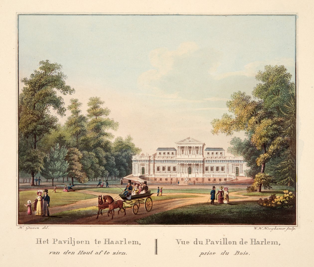 A jaarlemi pavilon van den Houtból nézve. Vue du Pavillon de Harlem, Prize du Bois, 1825 (kézzel színezett metszet) alkotó: Bendrik Greeven