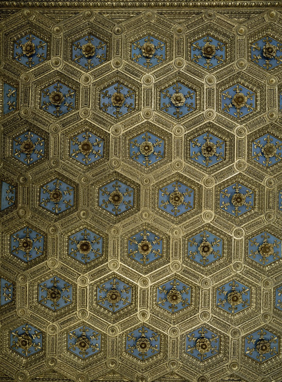 A Sala dei Gigli mennyezeti dekorációja alkotó: Benedetto da Maiano