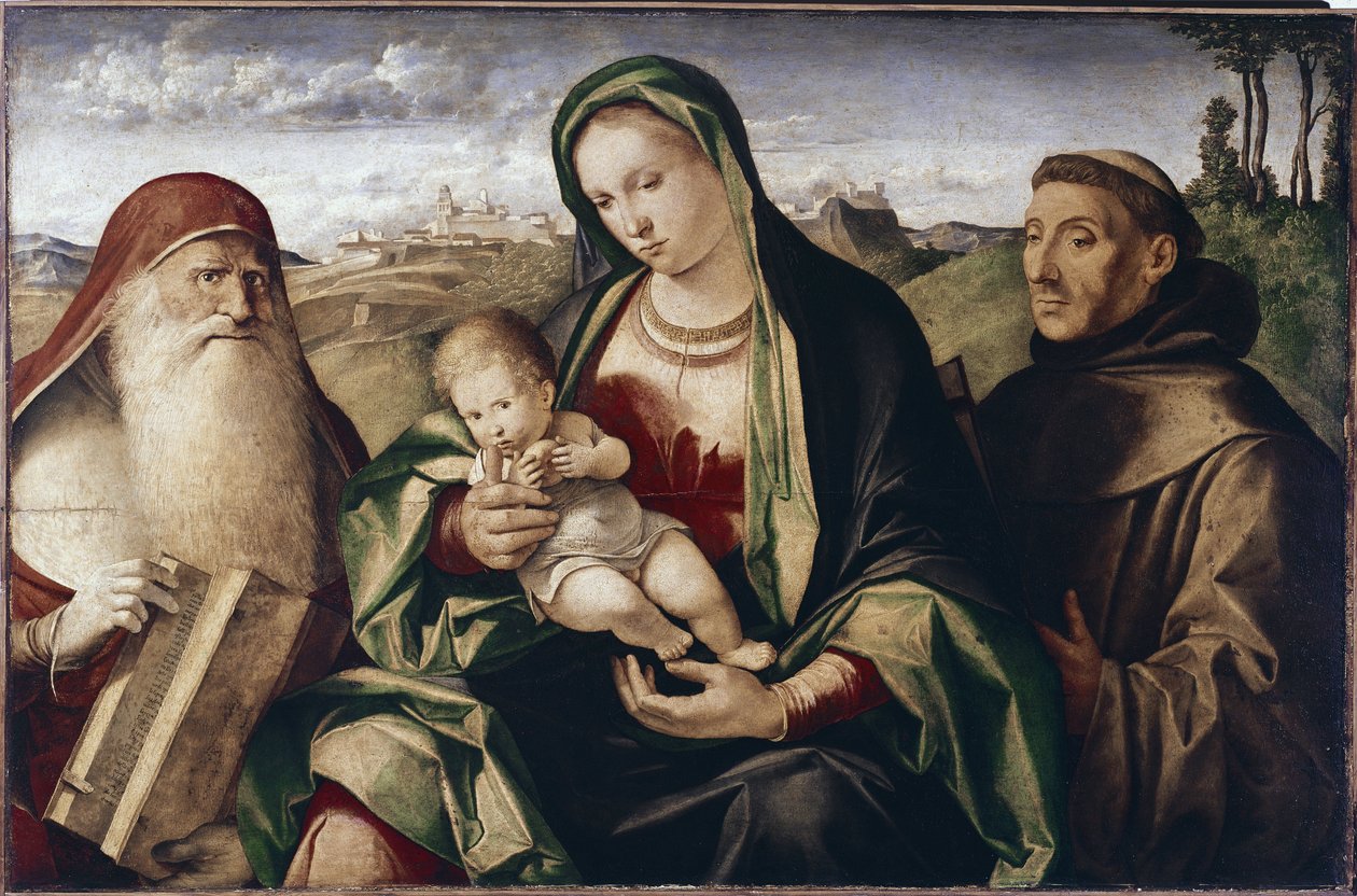 Madonna gyermekkel Szent Jeromos és Ferenc között (olaj, fa alkotó: Benedetto (c.1460 1525) Diana