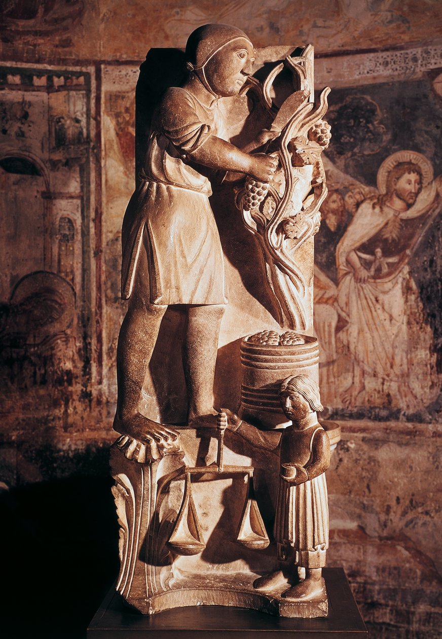 Szeptember, Antelami Benedict (1178-1233) szobra a hónapok ciklusából, a pármai keresztelőkápolna, Emilia-Romagna, Olaszország alkotó: Benedetto Antelami