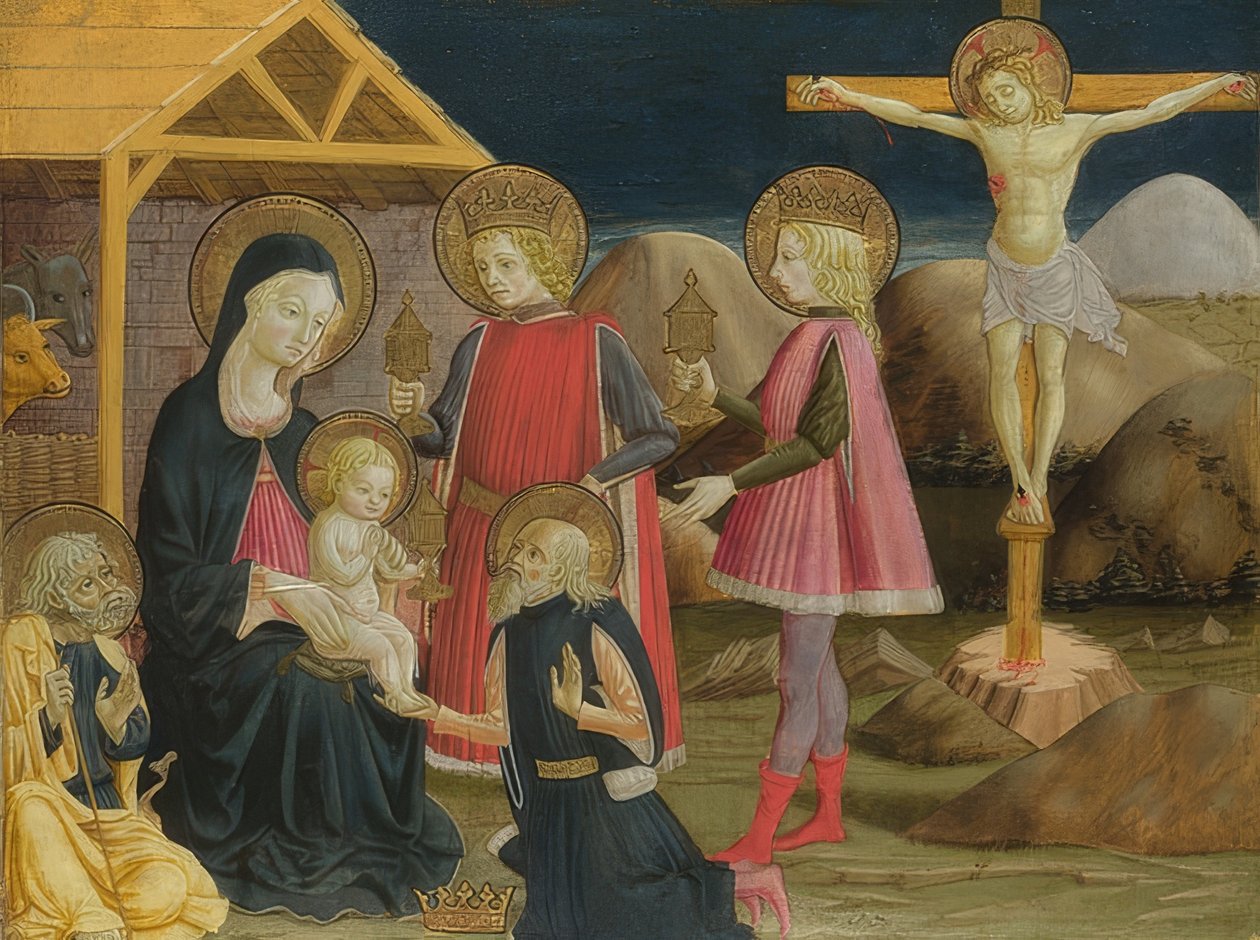 A mágusok imádása és a keresztre feszítés. 1465-75 körül alkotó: Benedetto Bonfigli