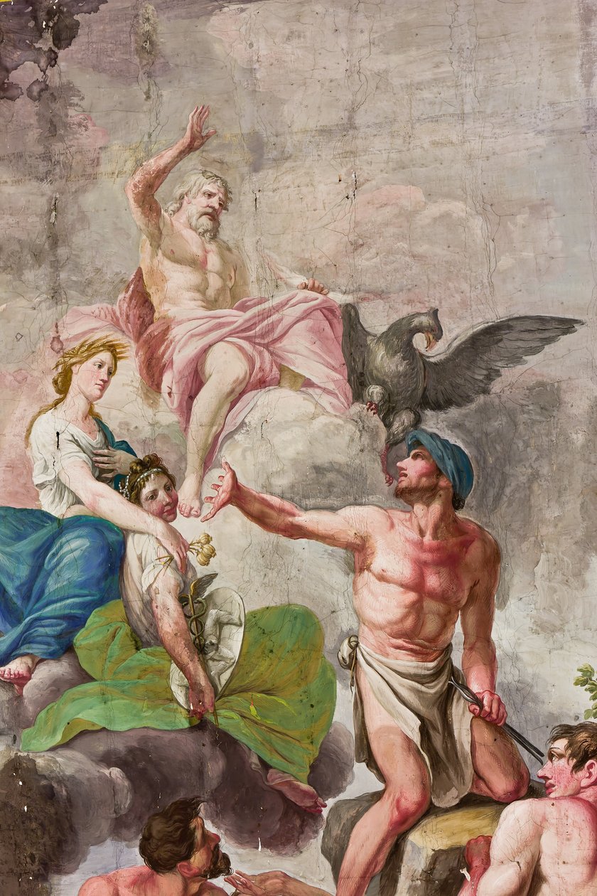 Az Olimposz allegorikus ábrázolása Jupiterrel, Ceresszel és Vulkánnal, a munka, a mezőgazdaság, a művészetek és a tudomány apoteózisának részlete (freskó) alkotó: Benedetto Cotarti