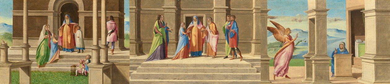 A Szűzanya bemutatása és házassága, valamint az Angyali üdvözlet, 15201525. alkotó: Benedetto Diana