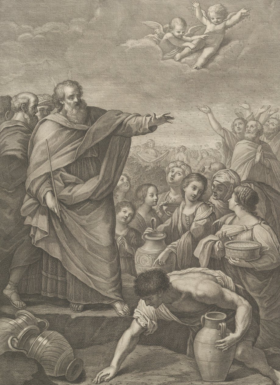 Mózes balra az izraelitákkal, akik az égből hulló mannát gyűjtik, két angyal ab..., 1776 alkotó: Benedetto Eredi