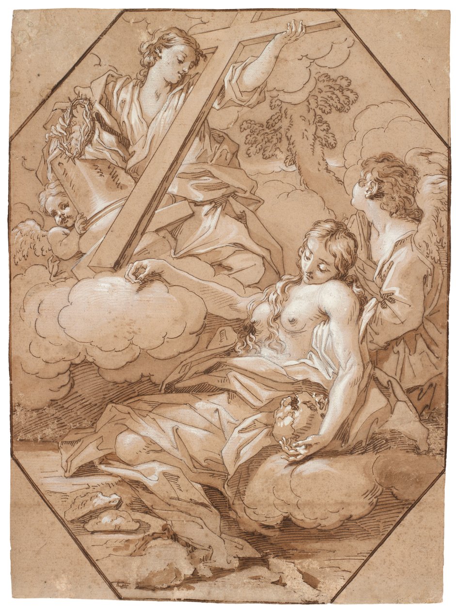 Szent Mária Magdolna eksztázise, 1715-1719 körül (toll és tinta barna mosással, fehérrel kiemelve, nyolcszögletű keretvonalakkal barna tintával fektetett papíron) alkotó: Benedetto Luti