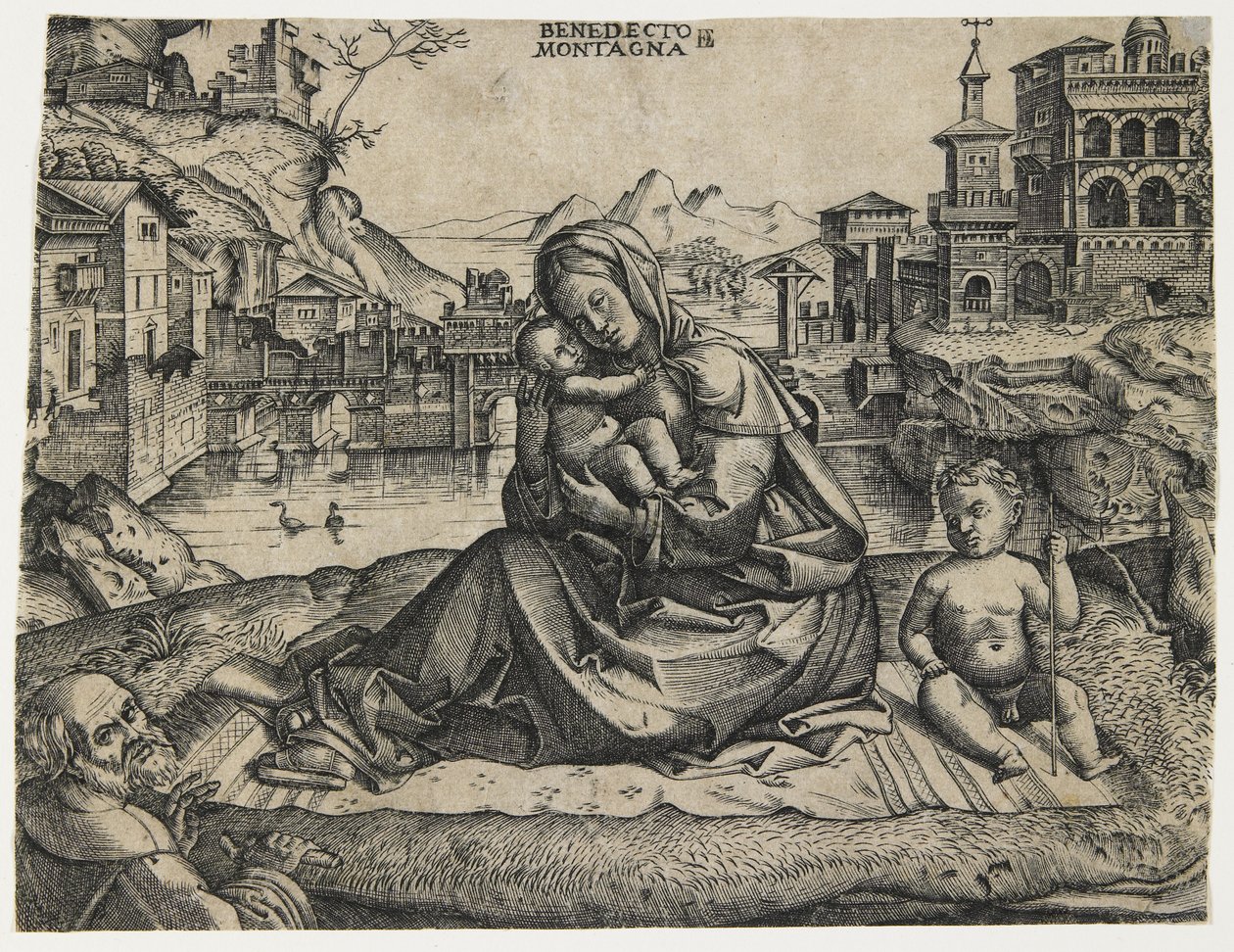 A Szent család a kis Szent Jánossal egy tájban, c. 1506-1512 alkotó: Benedetto Montagna