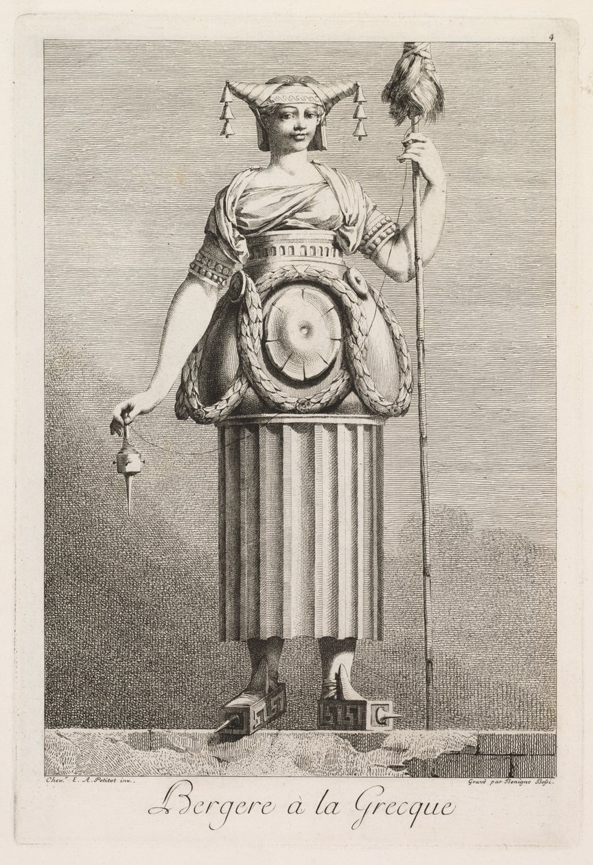 Masquerade à la Grecque: Pásztorlány à la Grecque 4. tábla, 1771. alkotó: Benigno Bossi