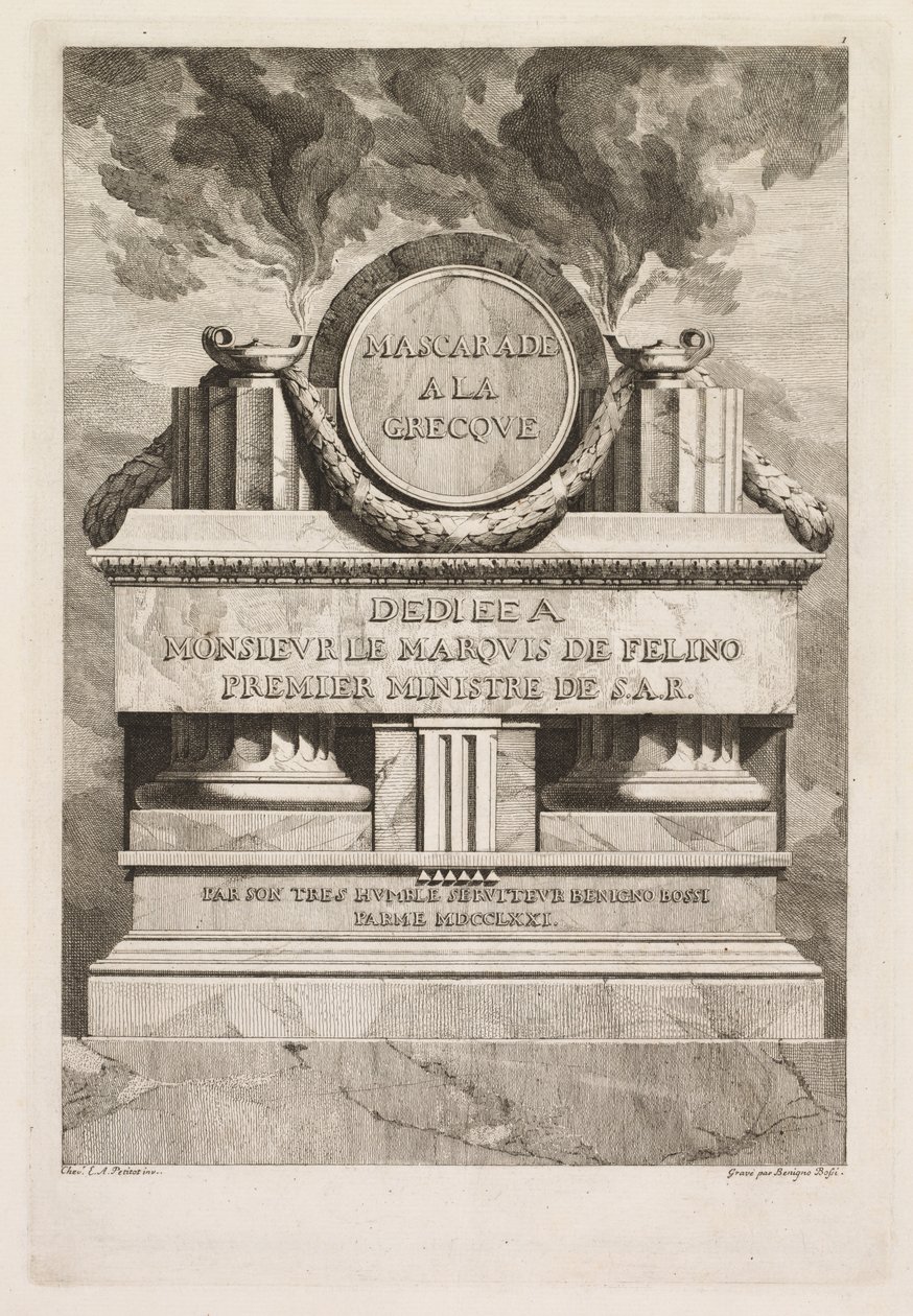 Görög maszkabál: Dedikációs lap, 1771. alkotó: Benigno Bossi