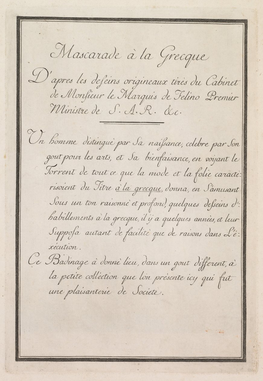 Görög maszkabál: Címlap 1. tábla, 1771. alkotó: Benigno Bossi