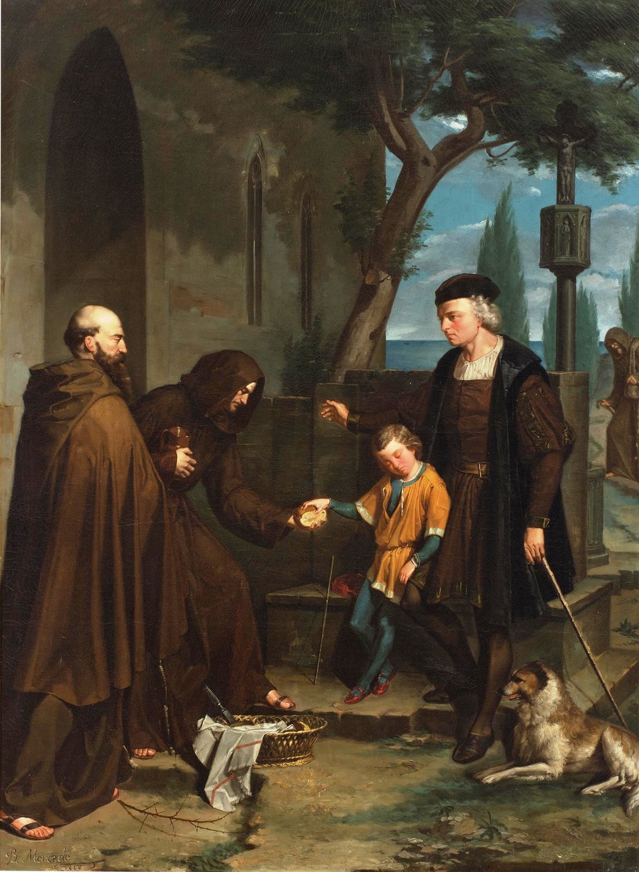 Kolumbusz a Santa Maria de la Rabida kolostor ajtajában kenyeret és vizet kér fiának, 1858 alkotó: Benito Mercade y Fabregas