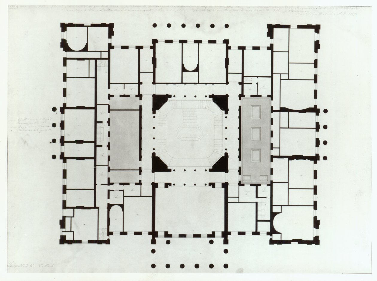 A félemelet terve, 1815 (toll és fekete tinta, szürke mázolások) alkotó: Benjamin Dean Wyatt