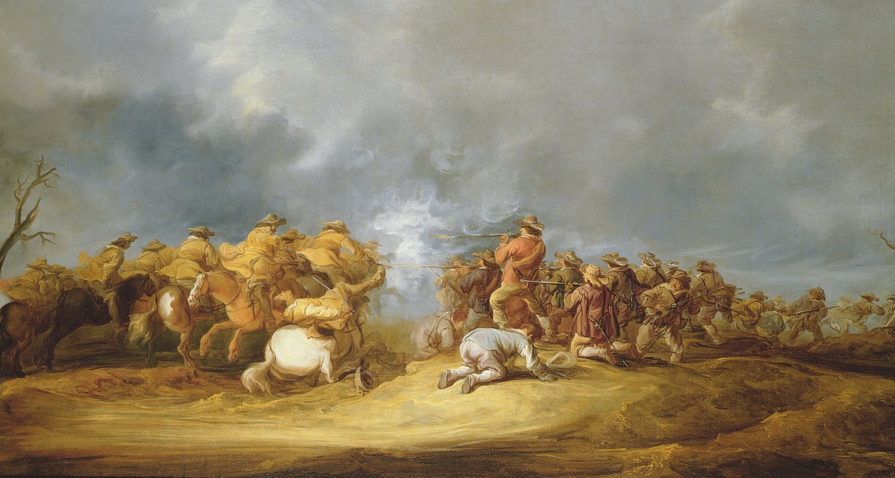 Lovassági roham: lovas csapatok támadnak egy muskéta blokkot alkotó: Benjamin Gerritsz. Cuyp