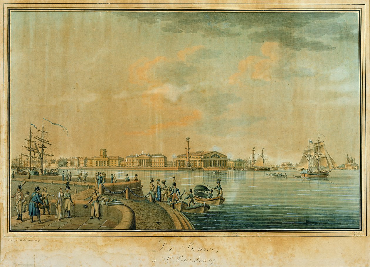 A tőzsde és a rostralis oszlopok, Szentpétervár, 1807 (metszet wc-vel) alkotó: Benjamin Patersson