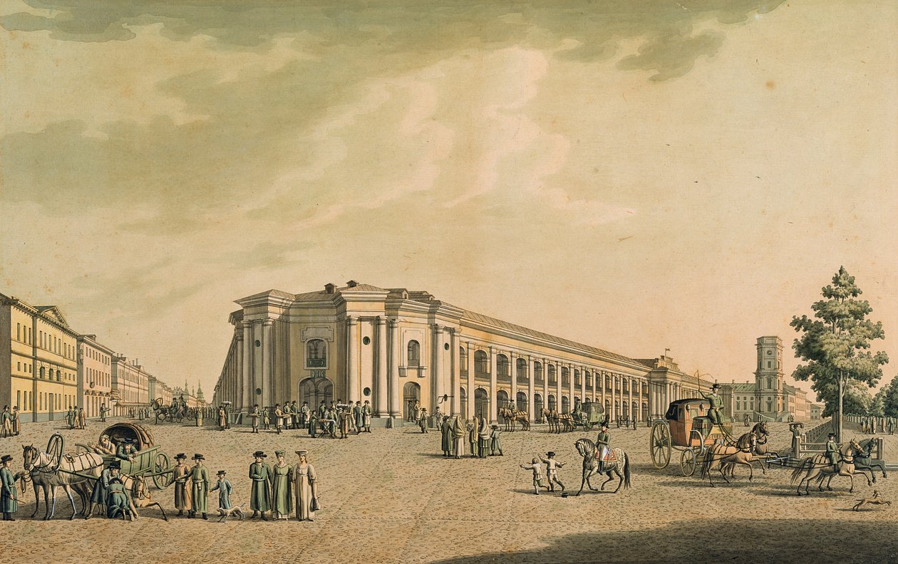 Kilátás az orosz üzletekre a Nyevszkij sugárúton, a Duma házával, Szentpétervár, 1802 (metszet wc-vel) alkotó: Benjamin Patersson