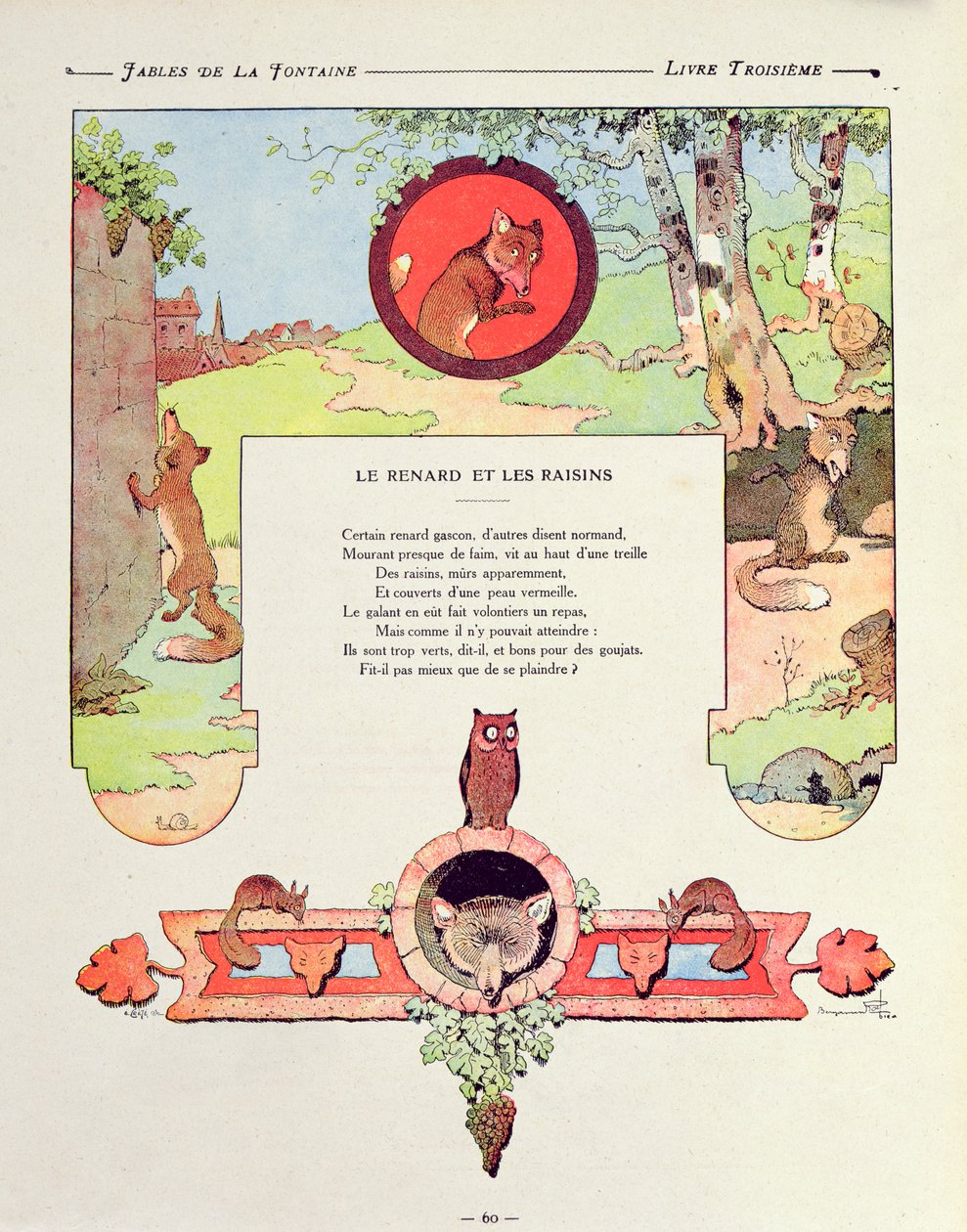 A róka és a szőlő, illusztráció Jean de la Fontaine „Fables” című művéből, 1906-os kiadás alkotó: Benjamin Rabier