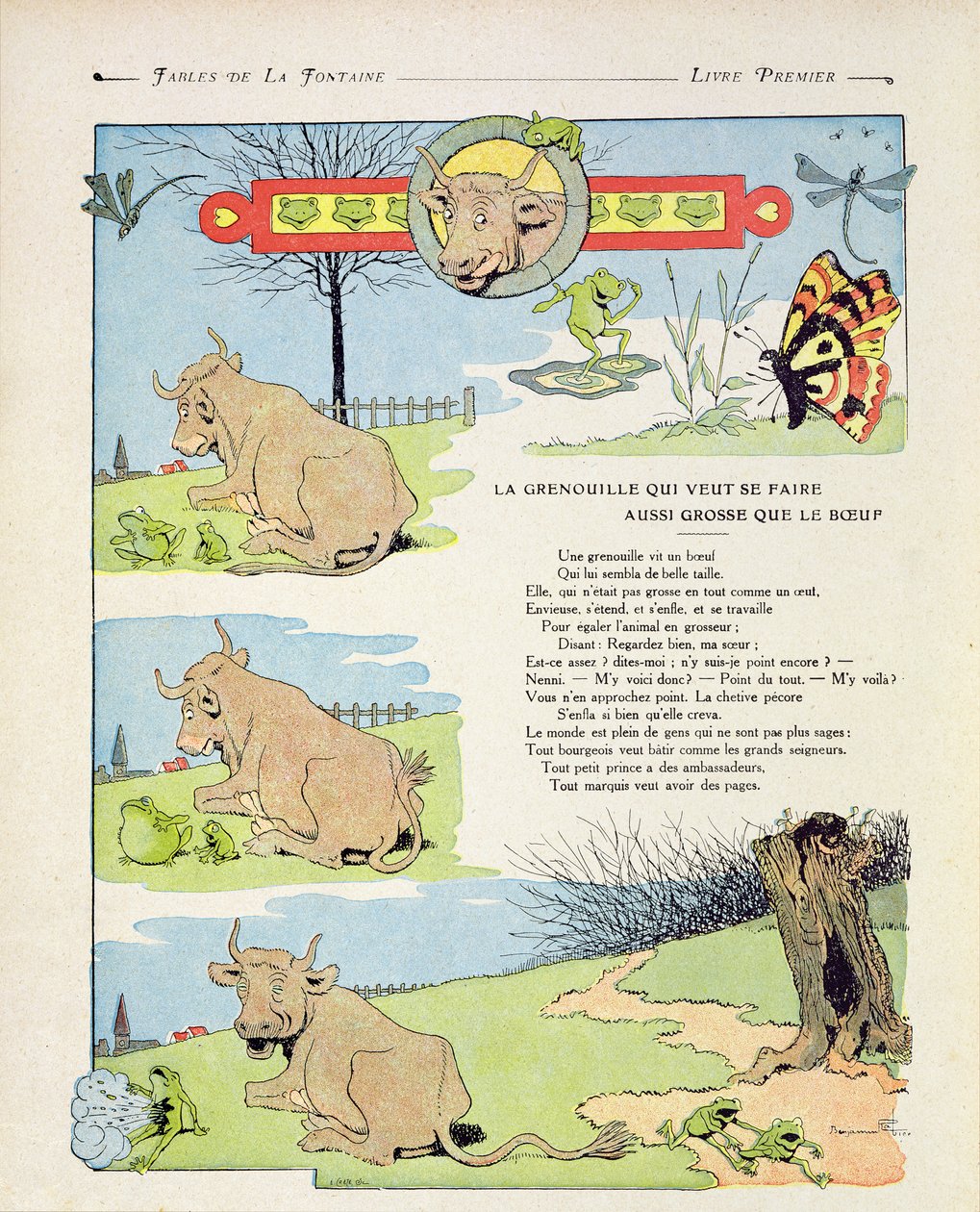 A béka, aki olyan kövér akart lenni, mint a bika, illusztráció Jean de la Fontaine „Fables” című művéből, 1906-os kiadás alkotó: Benjamin Rabier