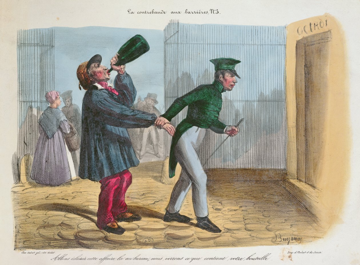 Kontreband felfedezése a vámsorompónál a párizsi bejáratnál, 1840 körül alkotó: Benjamin Roubaud