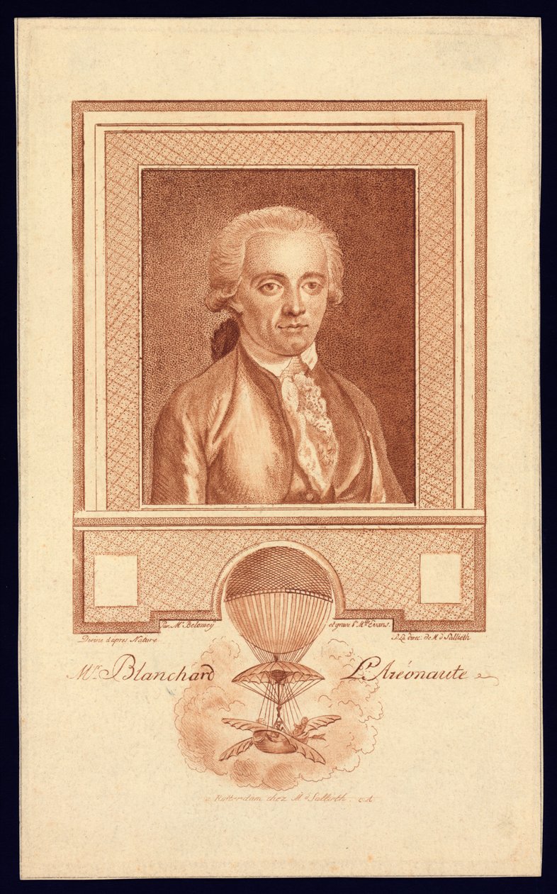 Mr. Blanchard, repülõgép, 1780-1800 körüli metszet. alkotó: Benjamin Samuel Bolomey