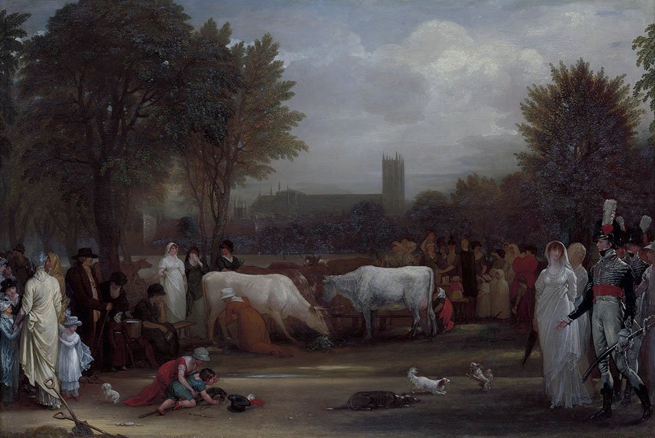 Tejeslányok a St. James Parkban, a Westminster -apátságon túl alkotó: Benjamin West
