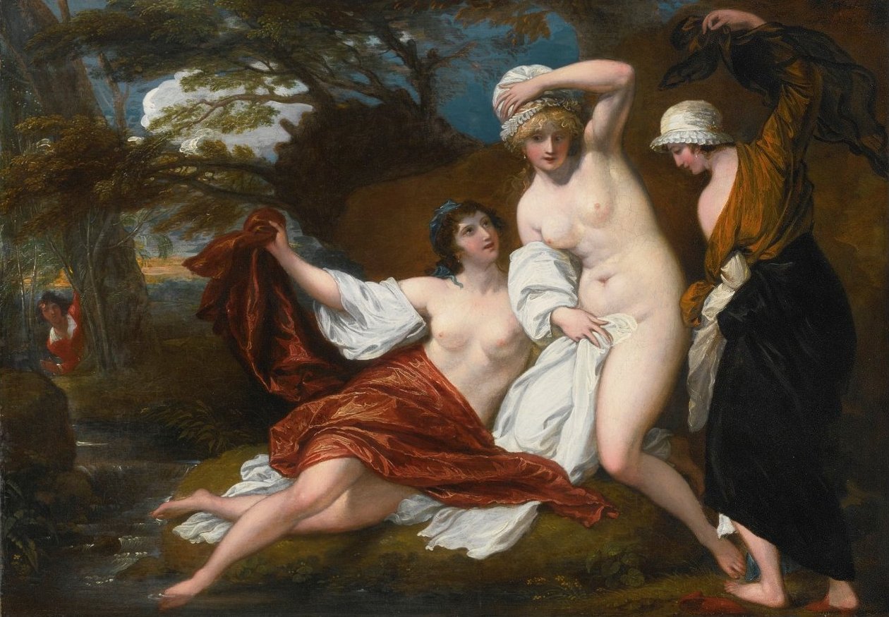 Musidora és két társa, Sacharissa és Amoret, fürdőjükben, Damonn által alkotó: Benjamin West