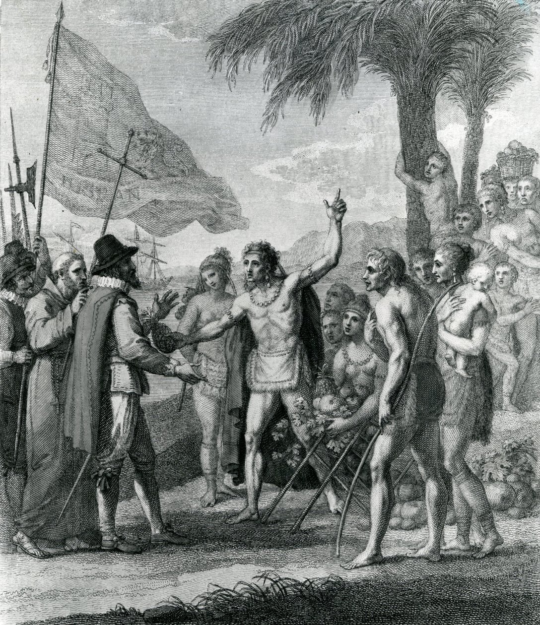 Egy indiai Cacique Kuba szigetéről, amely Kolumbuszhoz (1451-1500) szól a jövőbeli államról, a "The History, Civil and Commercial of the British Colonies in the West Indies" címlapja, Bry. alkotó: Benjamin West