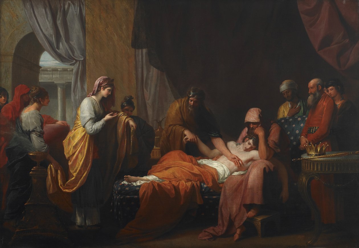 Erasistratus, az orvos felfedezi Antiochus szerelmét Stratonice iránt alkotó: Benjamin West