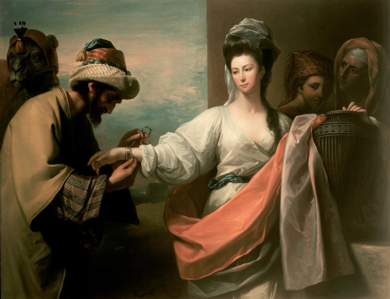 Isaac szolgája megpróbálja a karkötőt Rebecca karján alkotó: Benjamin West