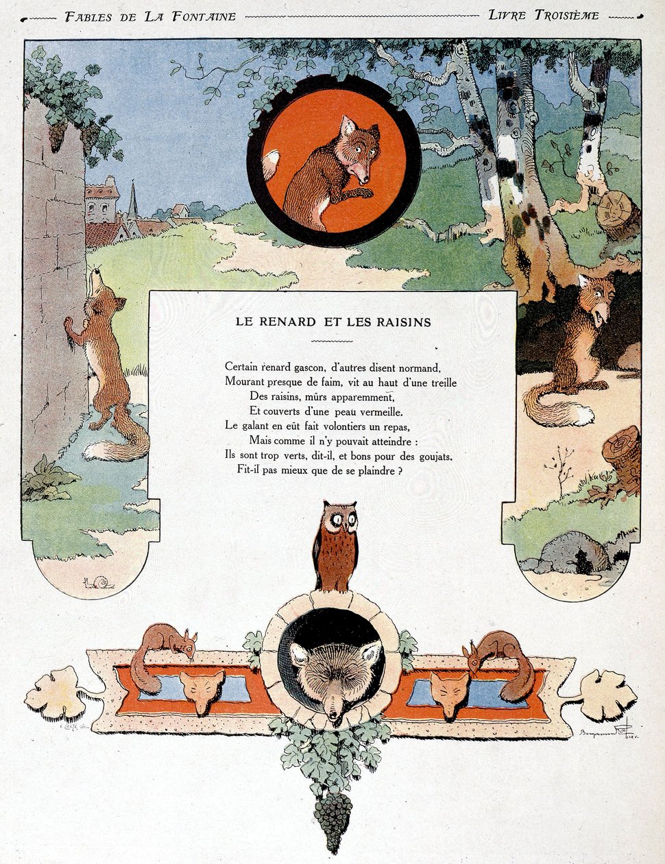 A róka és a szőlő, illusztráció Jean de la Fontaine „Fables” című művéből alkotó: Benjamin (after) Rabier