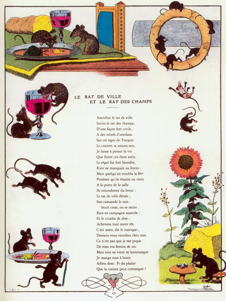 A városi egér és a vidéki egér, illusztráció Jean de la Fontaine „Fables” című művéből alkotó: Benjamin (after) Rabier