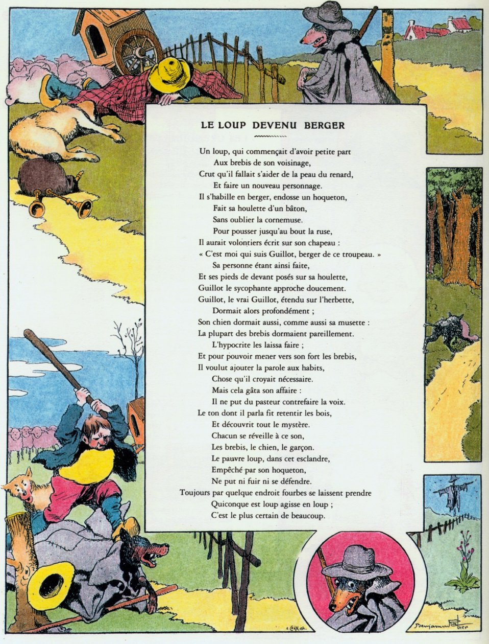 A farkassá vált pásztor, illusztráció Jean de la Fontaine „Fables”-jából alkotó: Benjamin (after) Rabier