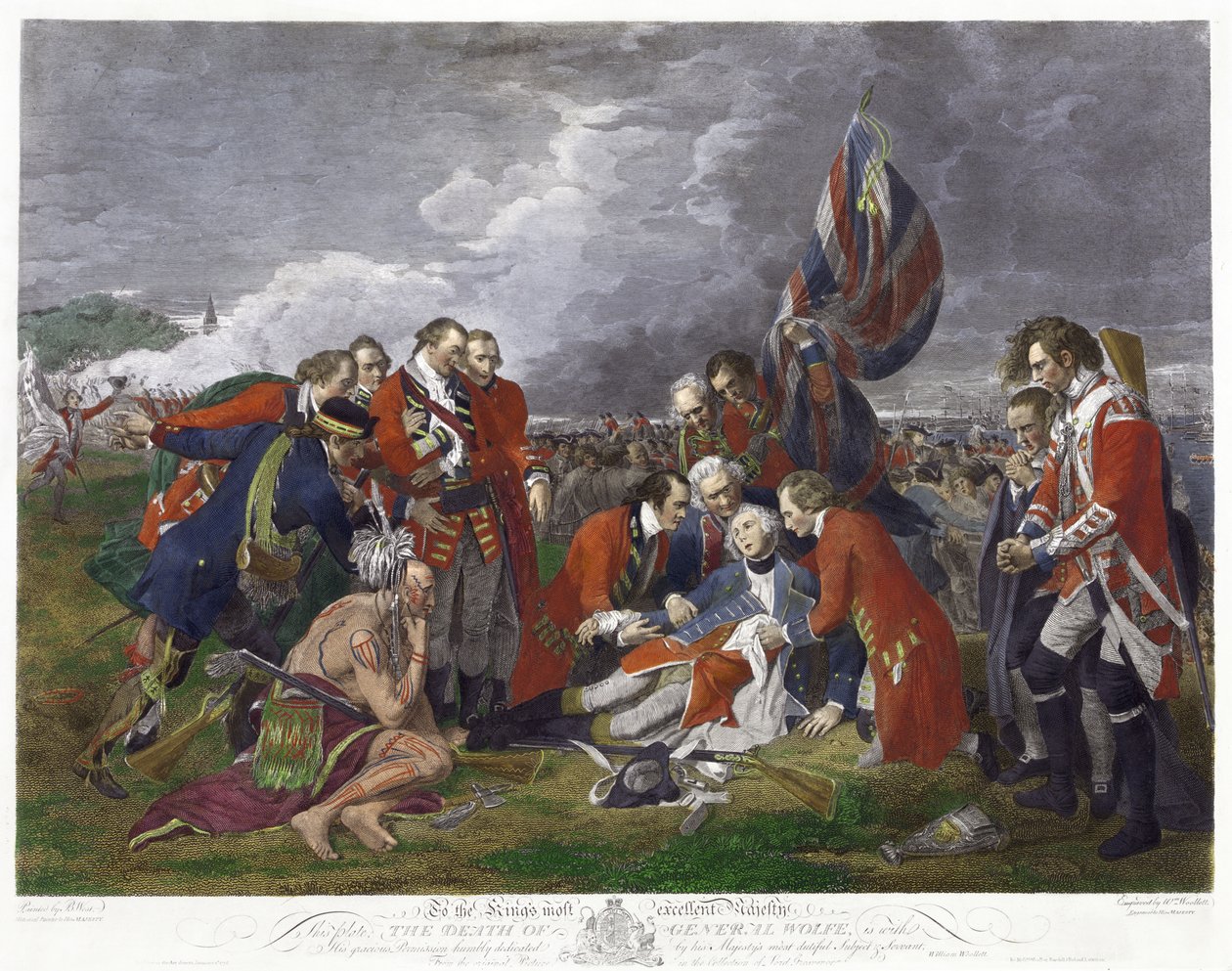 Wolfe tábornok halála" Benjamin West festménye után. James Wolfe (1727-1759) brit hadseregparancsnok, halálosan megsebesült a franciák felett aratott győzelem során a Québecben, az Ábrahám-fennsíki csatában. Hétéves háború Kanada Franciaország alkotó: Benjamin (after) West