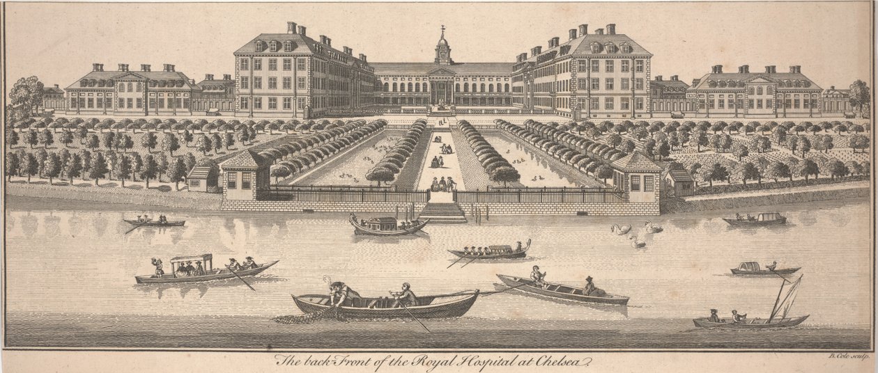 A Chelsea-i Királyi Kórház hátsó frontja, 1756-ban megjelent (rézmetszet) alkotó: Benjamin Cole