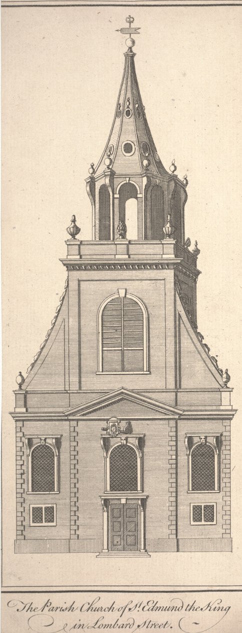 Szent Edmund Király plébániatemplom a Lombard utcában, 1750 körül (metszet) alkotó: Benjamin Cole