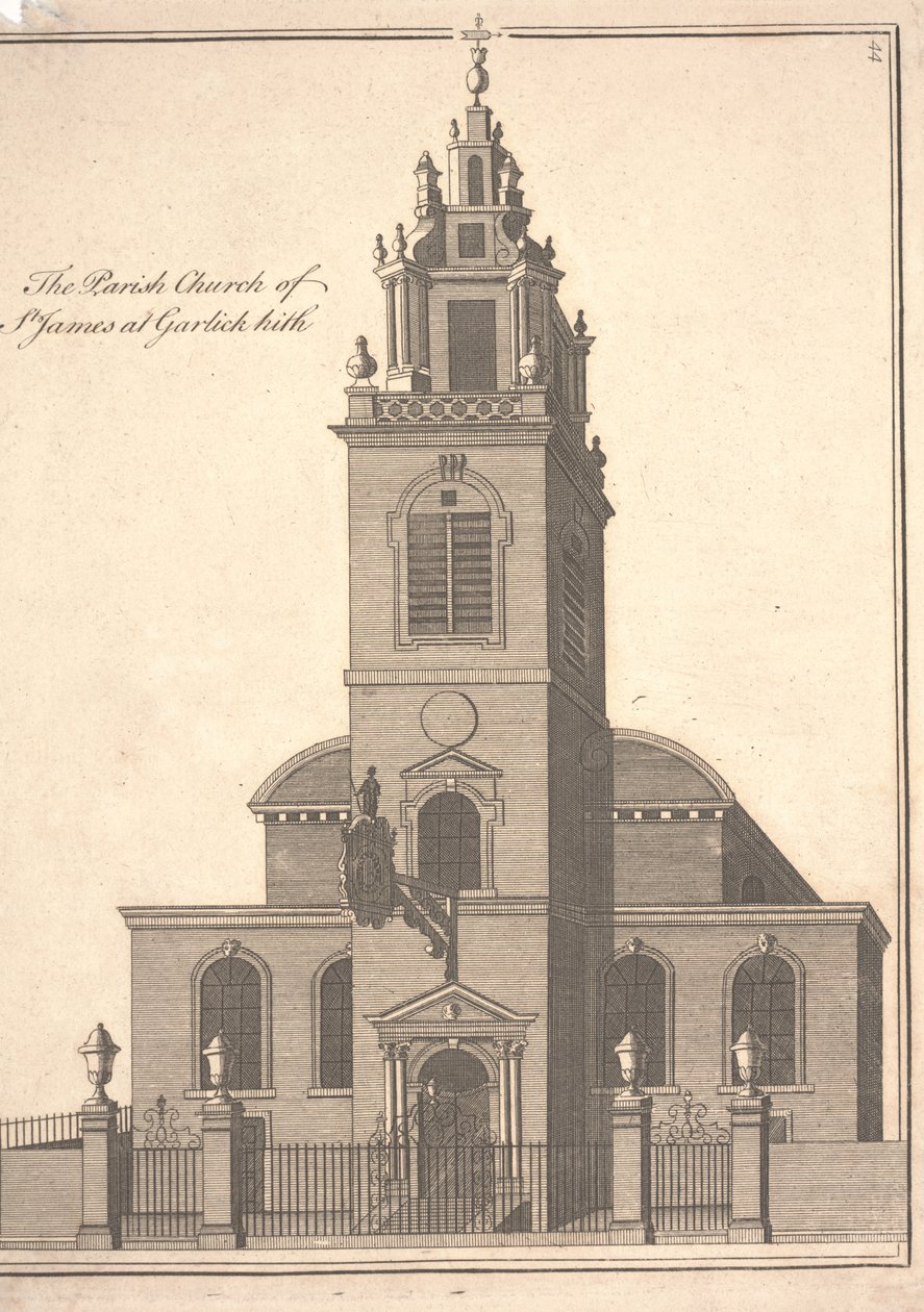 Garlickhythe Szent Jakab plébániatemplom, 1750 körül (metszet) alkotó: Benjamin Cole