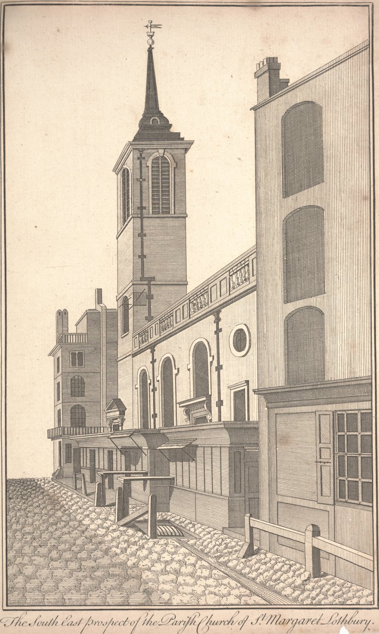 A St. Margaret Lothbury plébániatemplom délkeleti kilátása, 1750 körül (metszet) alkotó: Benjamin Cole